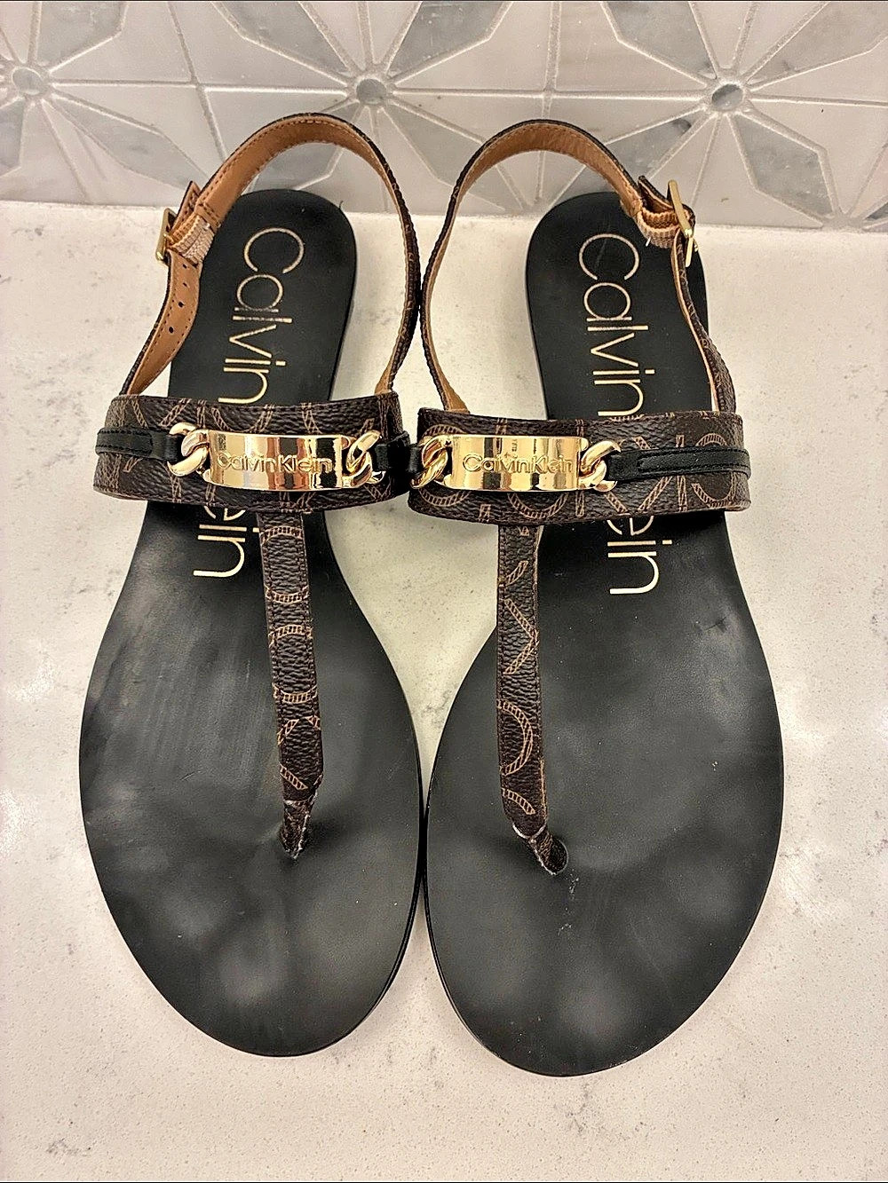 Calvin Klein Printed Strap Flat Sandals in Black & Brown